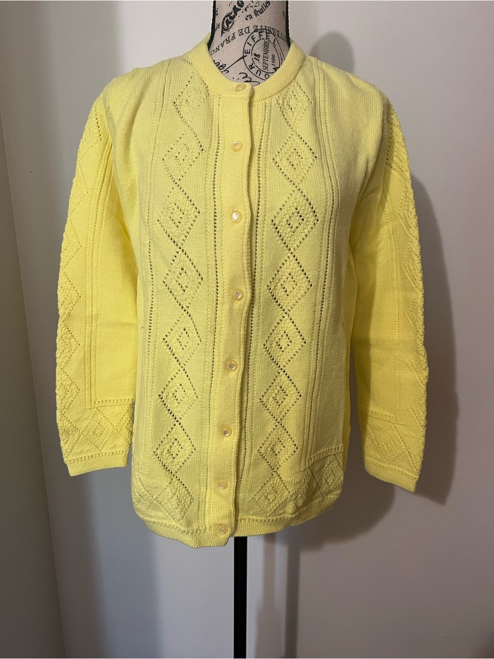 Vintage Rosanna Yellow Pointelle Knit Cardigan Sweater USA Made
